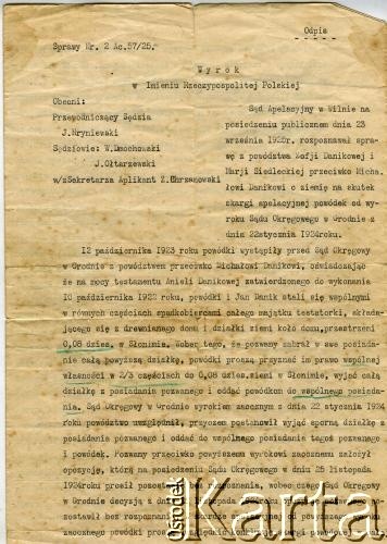 25.11.1925, Grodno, Polska.
Odpis wyroku sądowego. Dokument z archiwum prywatnego Heleny Pietrakowej.
Zbiory Archiwum Historii Mówionej Ośrodka KARTA i Domu Spotkań z Historią udostępniła Helena Pietrakowa w ramach projektu 