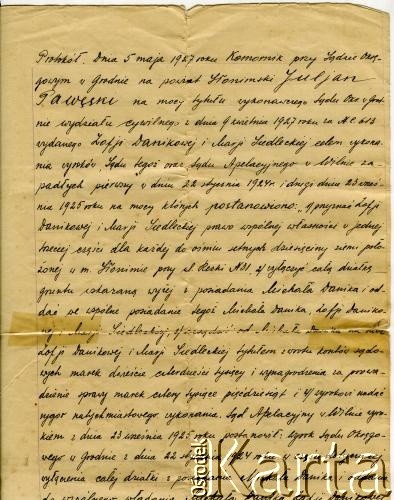 5.05.1927, Słonim, Polska.
Protokół. Dokument z archiwum prywatnego Heleny Pietrakowej.
Zbiory Archiwum Historii Mówionej Ośrodka KARTA i Domu Spotkań z Historią udostępniła Helena Pietrakowa w ramach projektu 