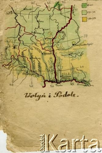 1925-1934, Słonim, woj. nowogródzkie, Polska.
Mapa Wołynia i Podola. Szkolny rysunek Nadziei Danik z kolekcji Heleny Pietrakowej.
Fot. NN, zbiory Archiwum Historii Mówionej Ośrodka KARTA i Domu Spotkań z Historią, udostępniła Helena Pietrakowa w ramach projektu 