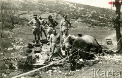 Maj 1944, Monte Cassino, Włochy
Uczestnicy walk o Monte Cassino, w tym żandarmi, przy wraku czołgu u podnóża góry Monte Cassino. Oryginalny podpis na odwrocie zdjęcia: 