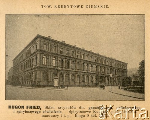 Przed 1914, Warszawa, Królestwo Polskie, Cesarstwo Rosyjskie.
Towarzystwo Kredytowe Ziemskie, obecnie Państwowe Muzeum Etnograficzne. Skrzyżowanie ulic Kredytowej i Mazowieckiej.  
Album ze zdjęciami i reklamami 